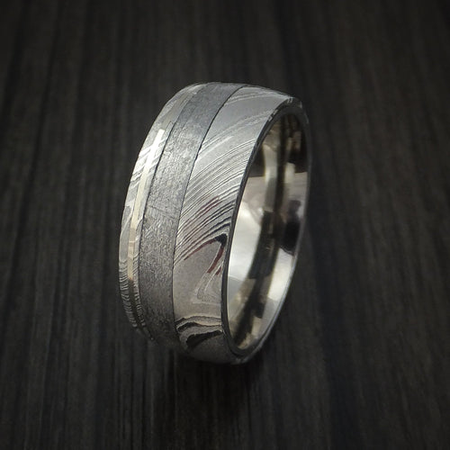 Hector IX - Woodgrain Kuro Damascus Steel and Gibeon Meteorite Men's Wedding Ring with 14k White Gold Inlay Band - view 4 - Nura Lab