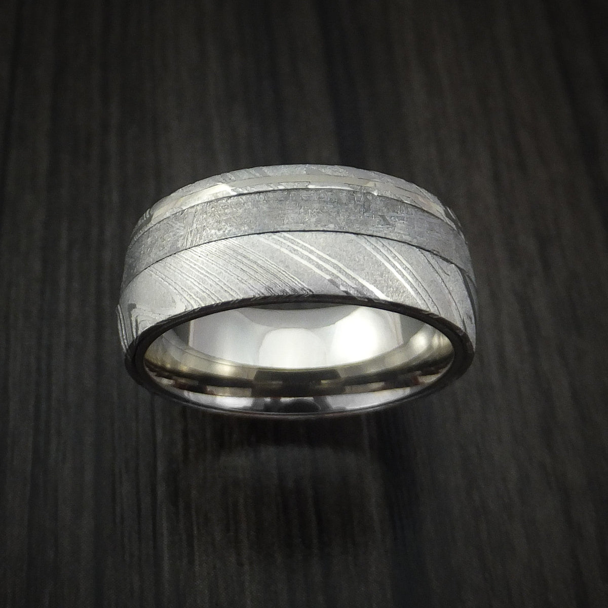 Hector IX - Woodgrain Kuro Damascus Steel and Gibeon Meteorite Men's Wedding Ring with 14k White Gold Inlay Band - view 2 - Nura Lab