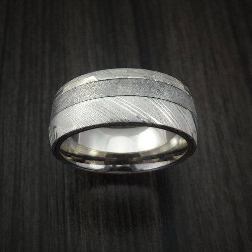 Hector IX - Woodgrain Kuro Damascus Steel and Gibeon Meteorite Men's Wedding Ring with 14k White Gold Inlay Band - view 2 - Nura Lab