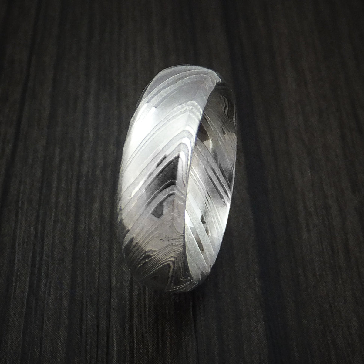 Noble IX - Woodgrain Kuro Damascus Steel Men's Ring Wedding Ring - view 4 - Nura Lab
