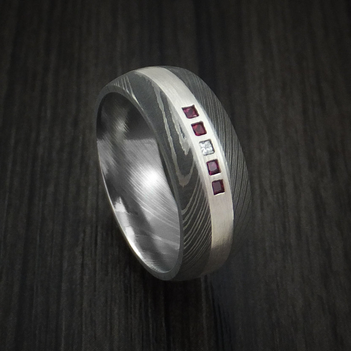 Hunter X - Damascus Steel Band with 4 Rubies and Diamond Set into a Silver Inlay Men's Wedding Ring - Nura Lab