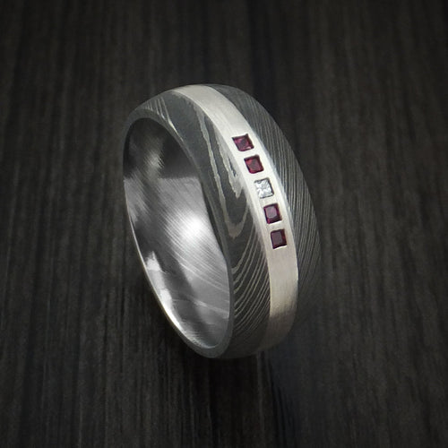 Hunter X - Damascus Steel Band with 4 Rubies and Diamond Set into a Silver Inlay Men's Wedding Ring - Nura Lab