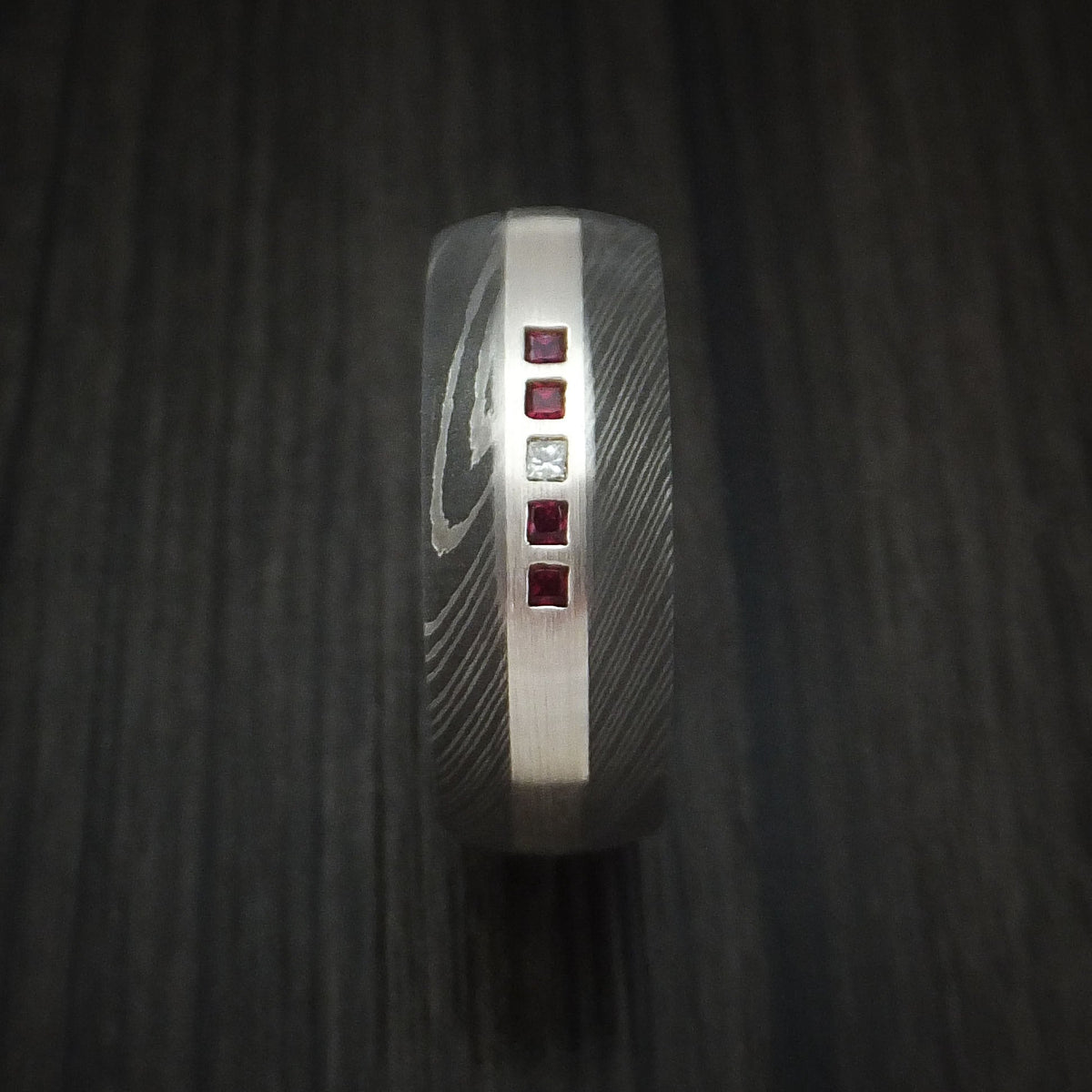 Hunter X - Damascus Steel Band with 4 Rubies and Diamond Set into a Silver Inlay Men's Wedding Ring - view 3 - Nura Lab