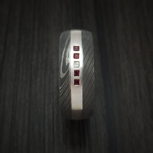 Hunter X - Damascus Steel Band with 4 Rubies and Diamond Set into a Silver Inlay Men's Wedding Ring - view 3 - Nura Lab