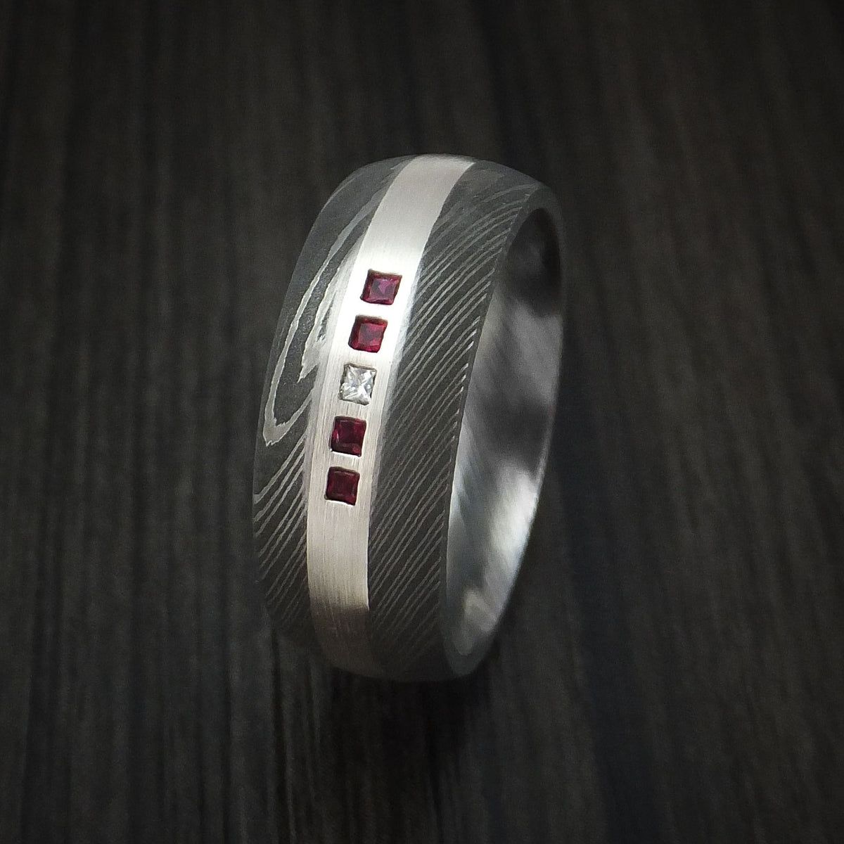Hunter X - Damascus Steel Band with 4 Rubies and Diamond Set into a Silver Inlay Men's Wedding Ring - view 4 - Nura Lab