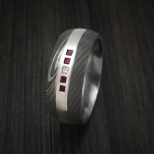 Hunter X - Damascus Steel Band with 4 Rubies and Diamond Set into a Silver Inlay Men's Wedding Ring - view 4 - Nura Lab