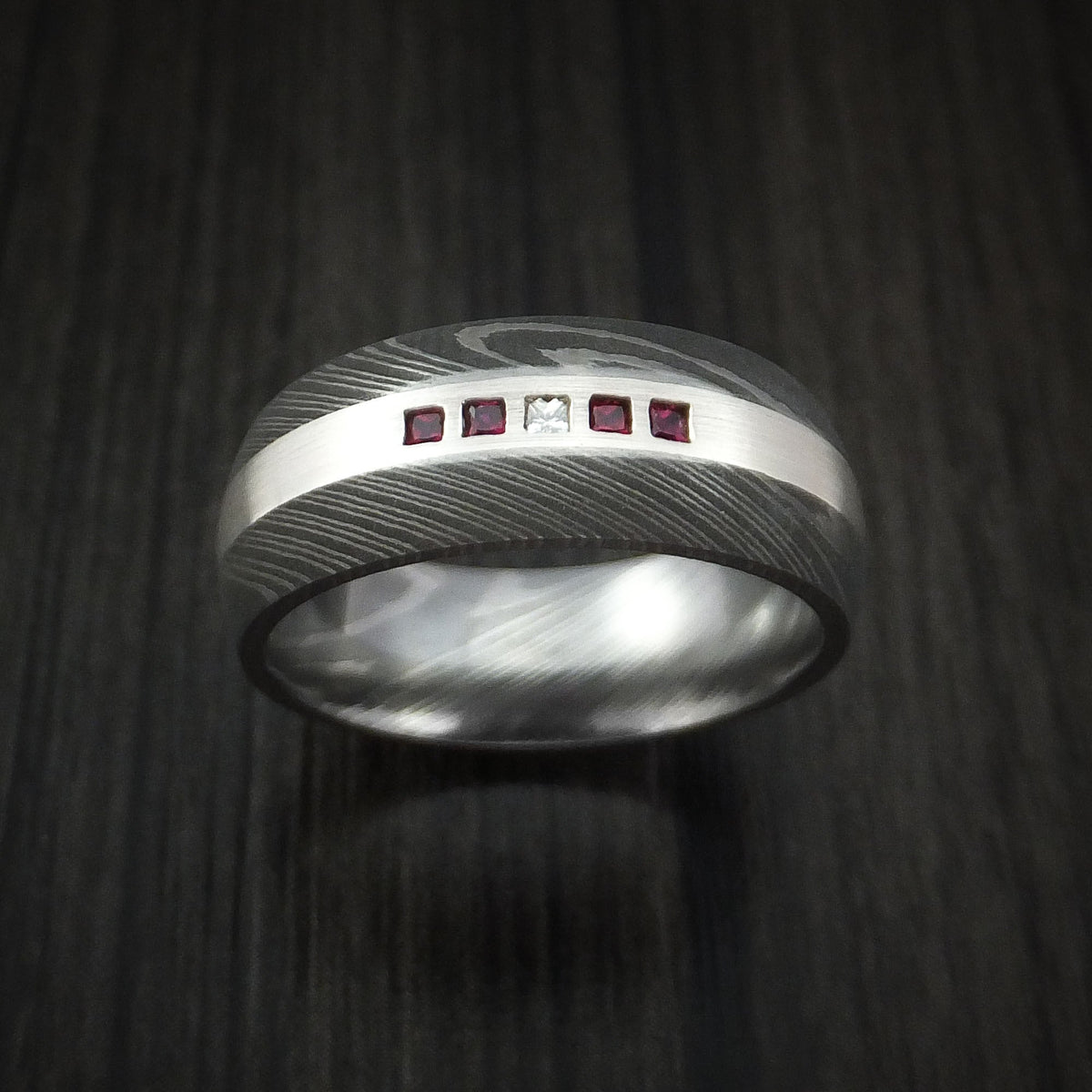 Hunter X - Damascus Steel Band with 4 Rubies and Diamond Set into a Silver Inlay Men's Wedding Ring - view 2 - Nura Lab