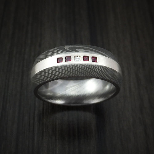 Hunter X - Damascus Steel Band with 4 Rubies and Diamond Set into a Silver Inlay Men's Wedding Ring - view 2 - Nura Lab