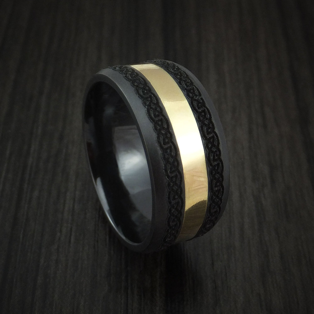 Ember XVIII - Black Zirconium and 18K Yellow Gold Custom Celtic Pattern Men's Wedding Ring - Nura Lab