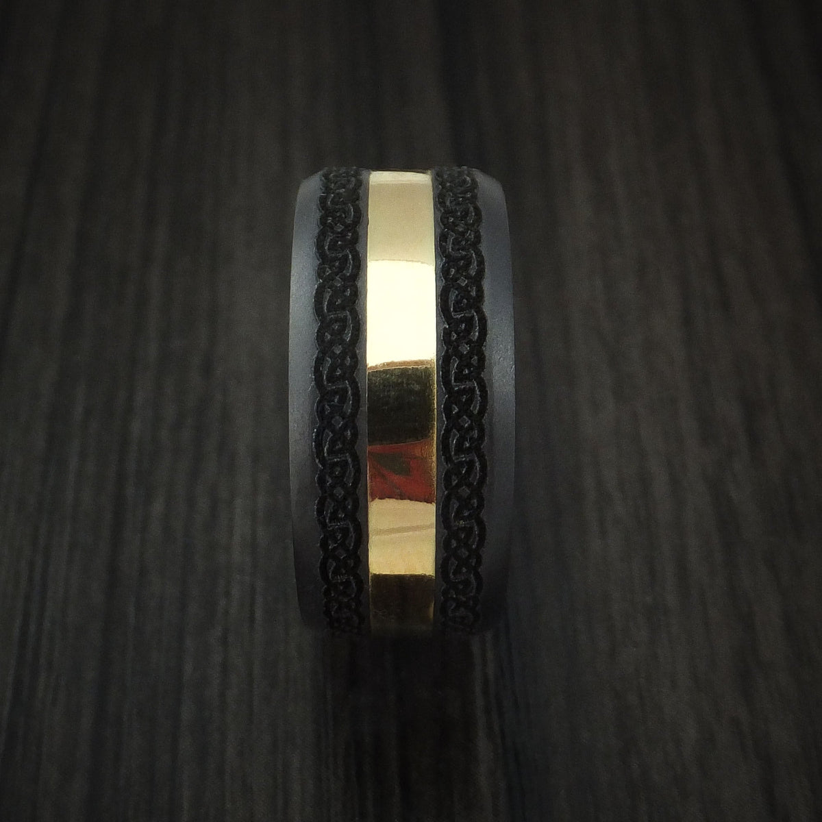 Ember XVIII - Black Zirconium and 18K Yellow Gold Custom Celtic Pattern Men's Wedding Ring - view 2 - Nura Lab