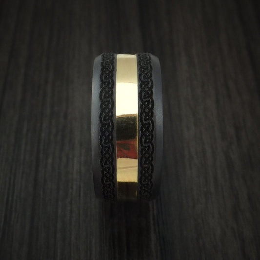 Ember XVIII - Black Zirconium and 18K Yellow Gold Custom Celtic Pattern Men's Wedding Ring - view 2 - Nura Lab