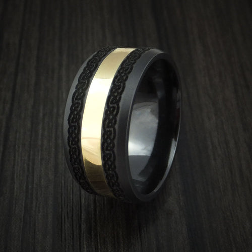 Ember XVIII - Black Zirconium and 18K Yellow Gold Custom Celtic Pattern Men's Wedding Ring - view 3 - Nura Lab