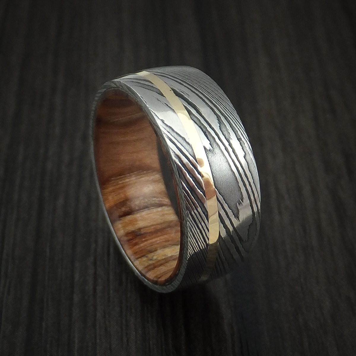 Sovereign X - Damascus Steel and 14k Yellow Gold Men's Wedding Ring with Teak Hardwood Sleeve - Nura Lab