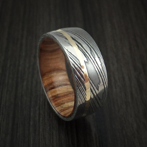 Sovereign X - Damascus Steel and 14k Yellow Gold Men's Wedding Ring with Teak Hardwood Sleeve - Nura Lab