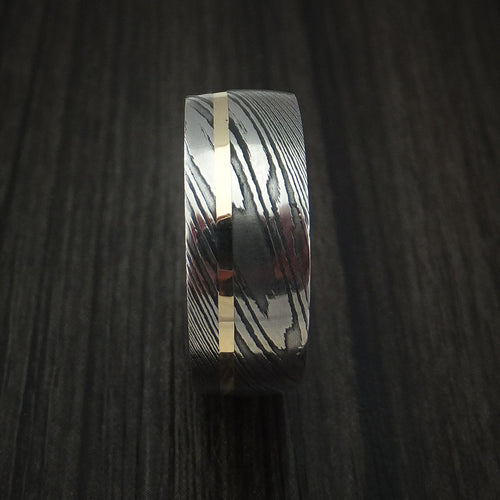 Sovereign X - Damascus Steel and 14k Yellow Gold Men's Wedding Ring with Teak Hardwood Sleeve - view 3 - Nura Lab
