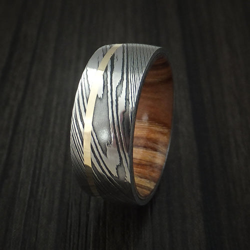 Sovereign X - Damascus Steel and 14k Yellow Gold Men's Wedding Ring with Teak Hardwood Sleeve - view 4 - Nura Lab