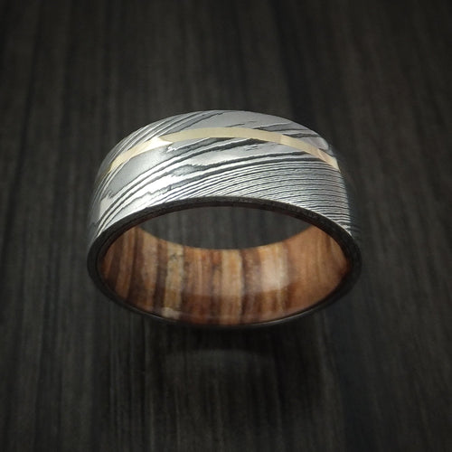 Sovereign X - Damascus Steel and 14k Yellow Gold Men's Wedding Ring with Teak Hardwood Sleeve - view 2 - Nura Lab