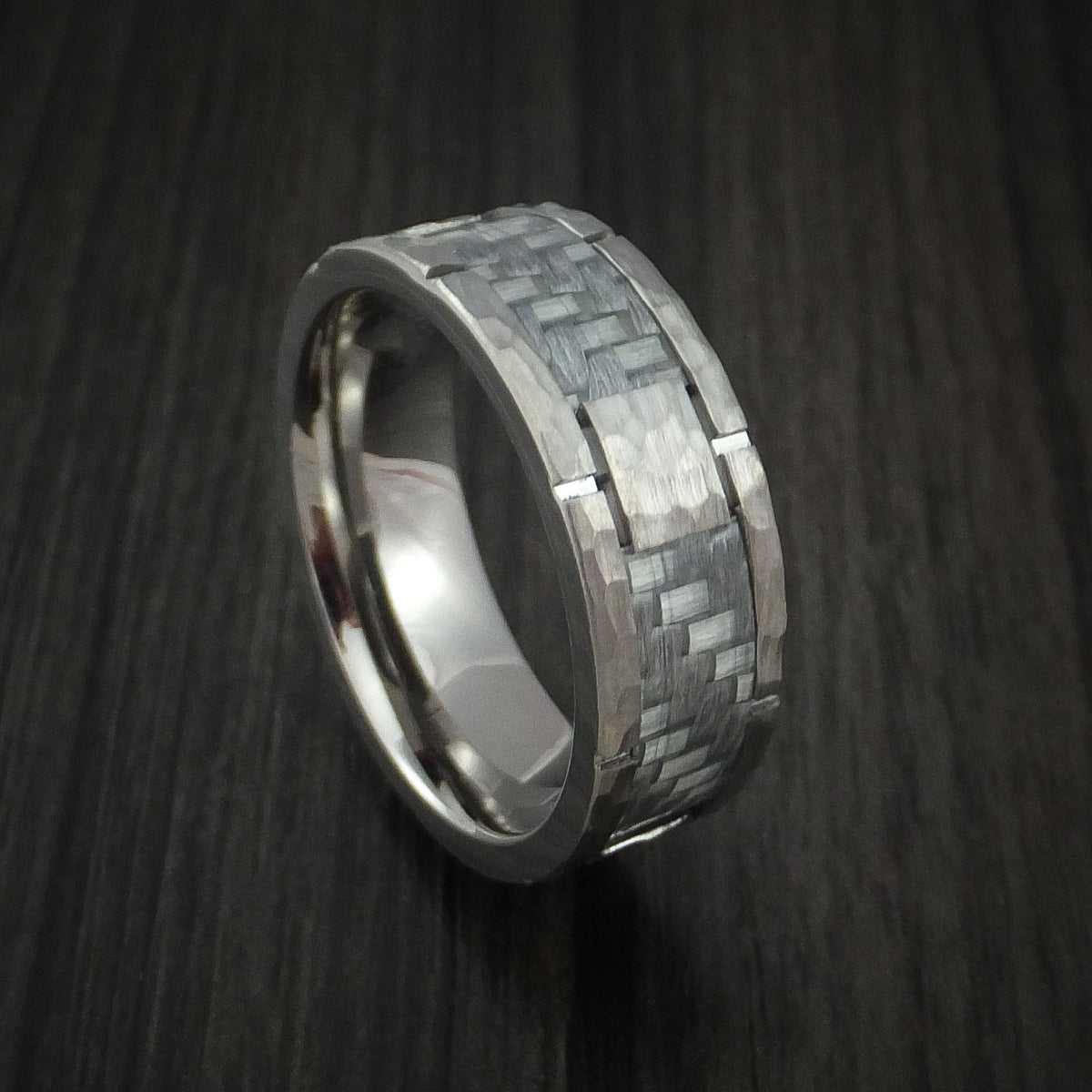 Mariner XIV - Cobalt Chrome Hammered Men's Wedding Ring with Silver Carbon Fiber Inlay Custom Inlay - Nura Lab
