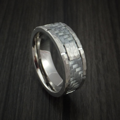 Mariner XIV - Cobalt Chrome Hammered Men's Wedding Ring with Silver Carbon Fiber Inlay Custom Inlay - Nura Lab