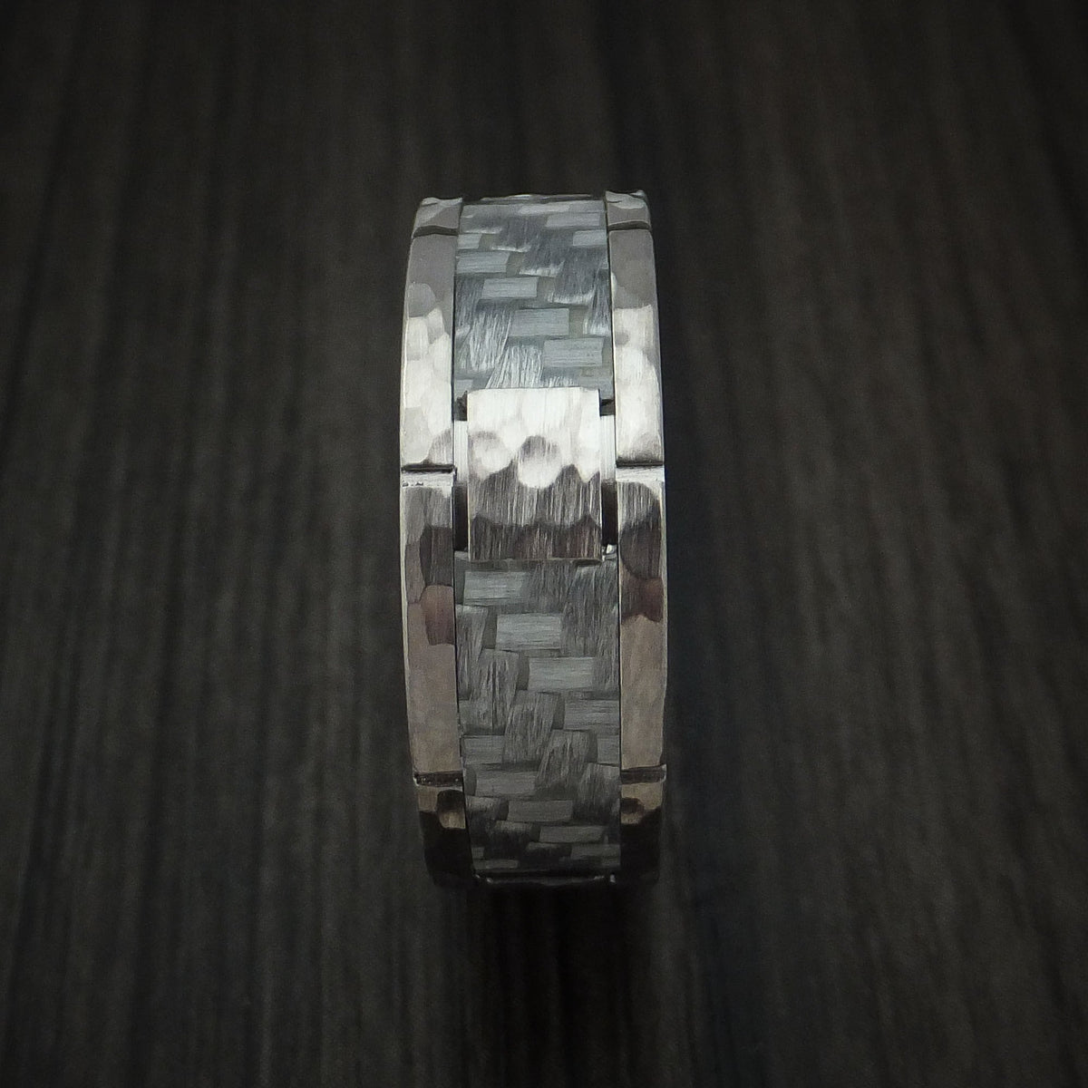 Mariner XIV - Cobalt Chrome Hammered Men's Wedding Ring with Silver Carbon Fiber Inlay Custom Inlay - view 3 - Nura Lab