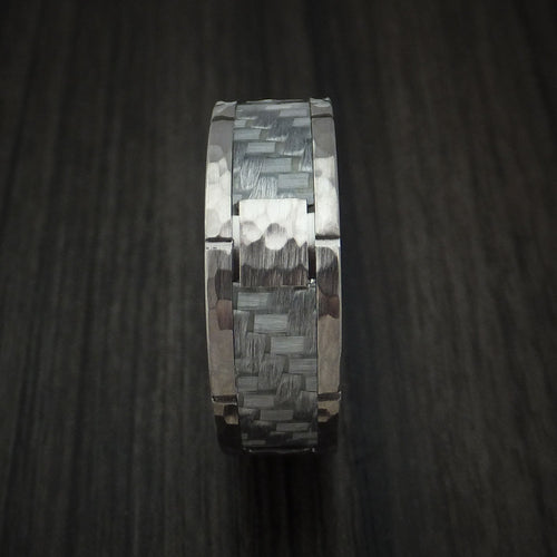 Mariner XIV - Cobalt Chrome Hammered Men's Wedding Ring with Silver Carbon Fiber Inlay Custom Inlay - view 3 - Nura Lab