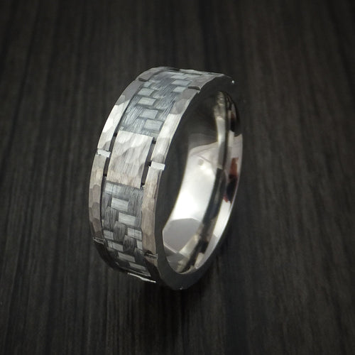 Mariner XIV - Cobalt Chrome Hammered Men's Wedding Ring with Silver Carbon Fiber Inlay Custom Inlay - view 4 - Nura Lab