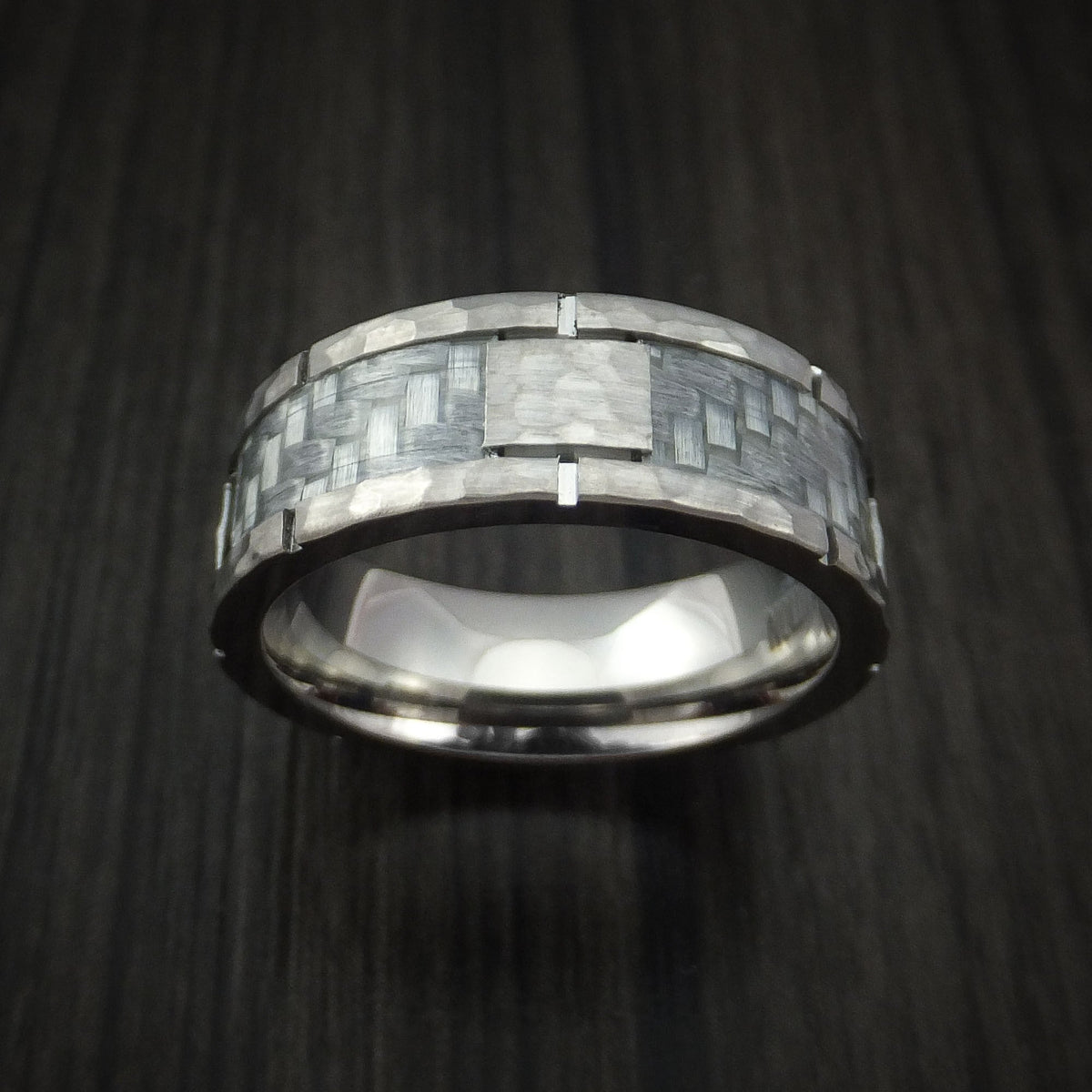 Mariner XIV - Cobalt Chrome Hammered Men's Wedding Ring with Silver Carbon Fiber Inlay Custom Inlay - view 2 - Nura Lab