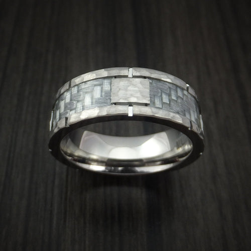 Mariner XIV - Cobalt Chrome Hammered Men's Wedding Ring with Silver Carbon Fiber Inlay Custom Inlay - view 2 - Nura Lab