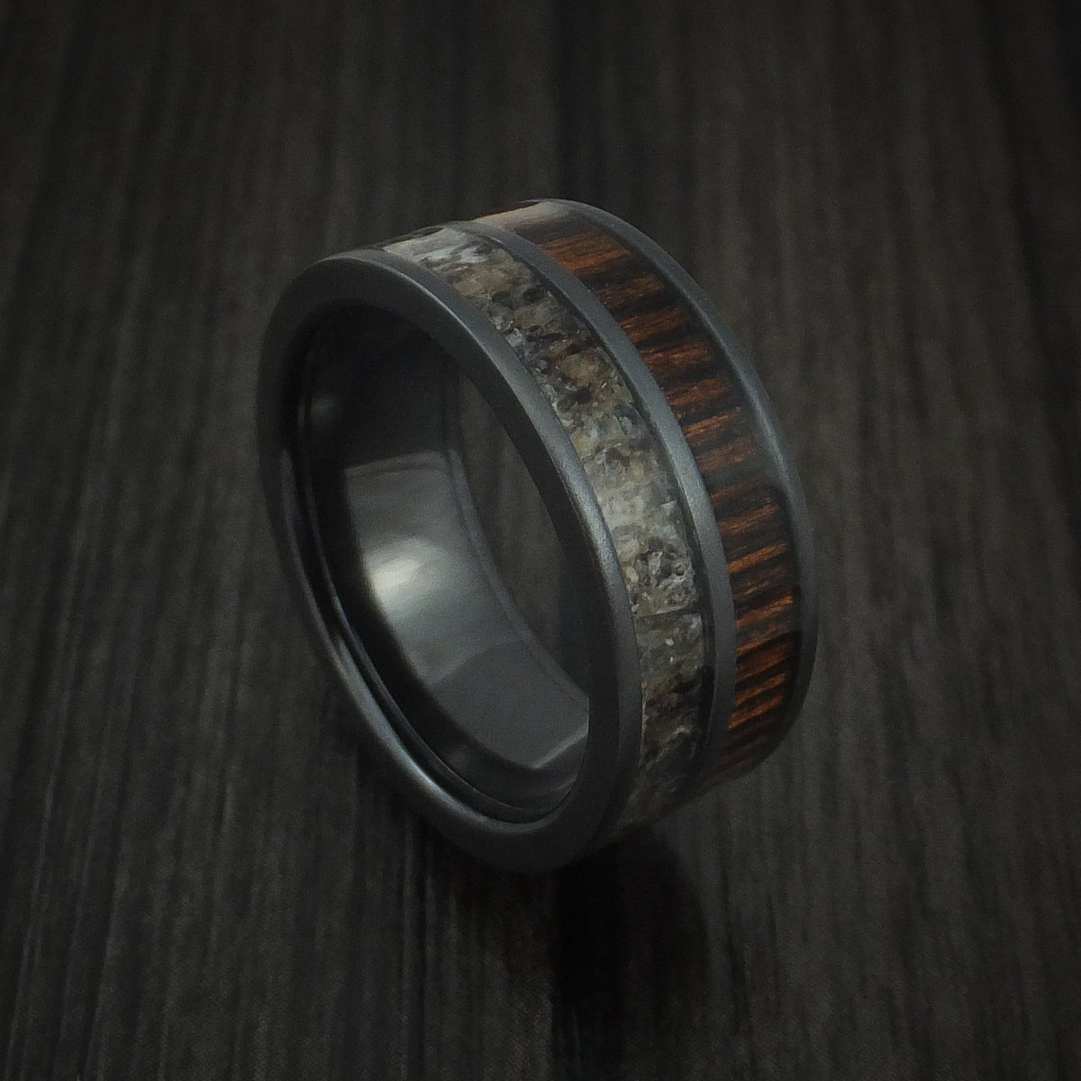 Horizon XIII - Black Zirconium Men's Wedding Ring with Zircote Hardwood and Antler Inlays Band - Nura Lab