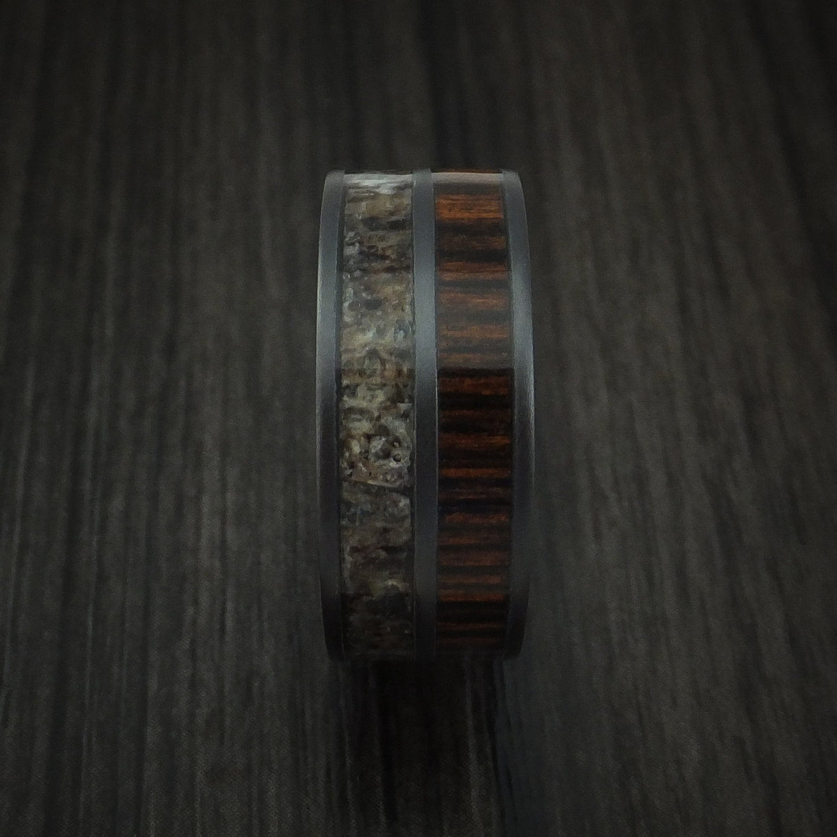 Horizon XIII - Black Zirconium Men's Wedding Ring with Zircote Hardwood and Antler Inlays Band - view 3 - Nura Lab