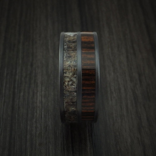 Horizon XIII - Black Zirconium Men's Wedding Ring with Zircote Hardwood and Antler Inlays Band - view 3 - Nura Lab