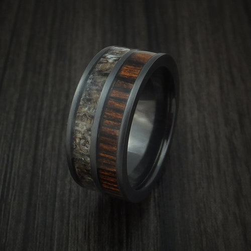 Horizon XIII - Black Zirconium Men's Wedding Ring with Zircote Hardwood and Antler Inlays Band - view 4 - Nura Lab