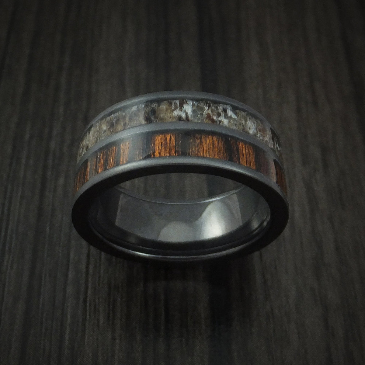 Horizon XIII - Black Zirconium Men's Wedding Ring with Zircote Hardwood and Antler Inlays Band - view 2 - Nura Lab