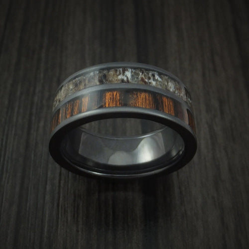 Horizon XIII - Black Zirconium Men's Wedding Ring with Zircote Hardwood and Antler Inlays Band - view 2 - Nura Lab