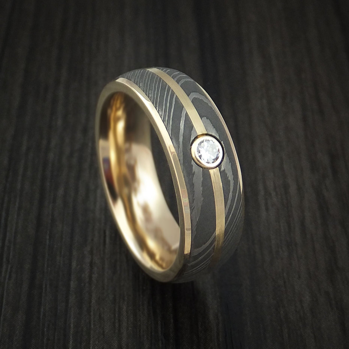 Kodiak X - 14K Yellow Gold Men's Wedding Ring with Damascus Steel and Diamond Band - Nura Lab