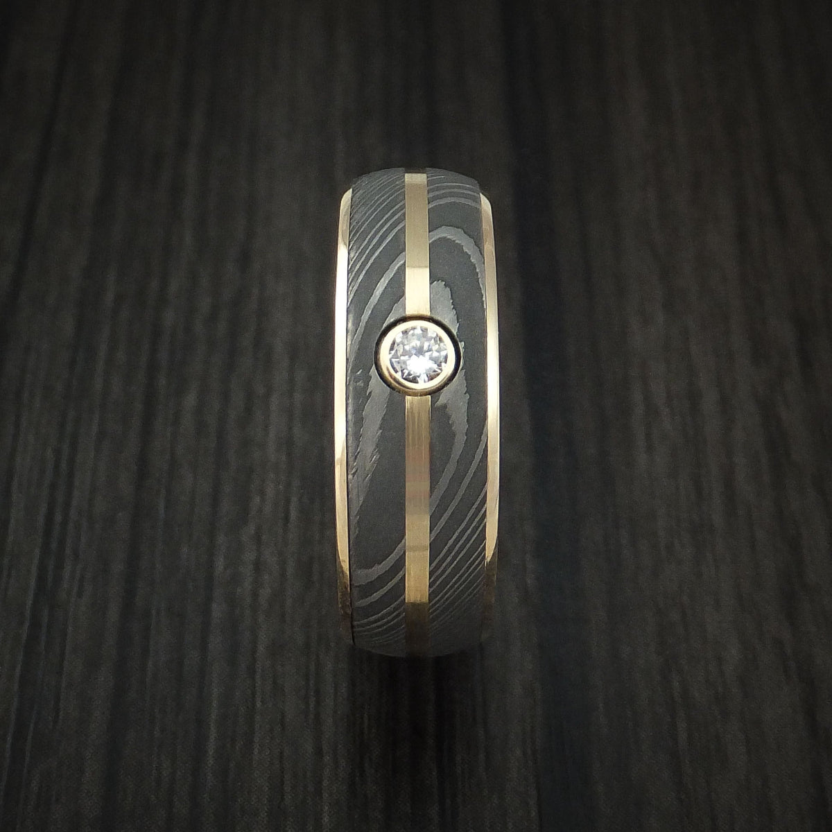 Kodiak X - 14K Yellow Gold Men's Wedding Ring with Damascus Steel and Diamond Band - view 3 - Nura Lab