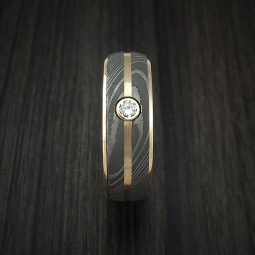 Kodiak X - 14K Yellow Gold Men's Wedding Ring with Damascus Steel and Diamond Band - view 3 - Nura Lab