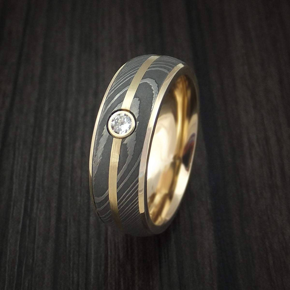 Kodiak X - 14K Yellow Gold Men's Wedding Ring with Damascus Steel and Diamond Band - view 4 - Nura Lab