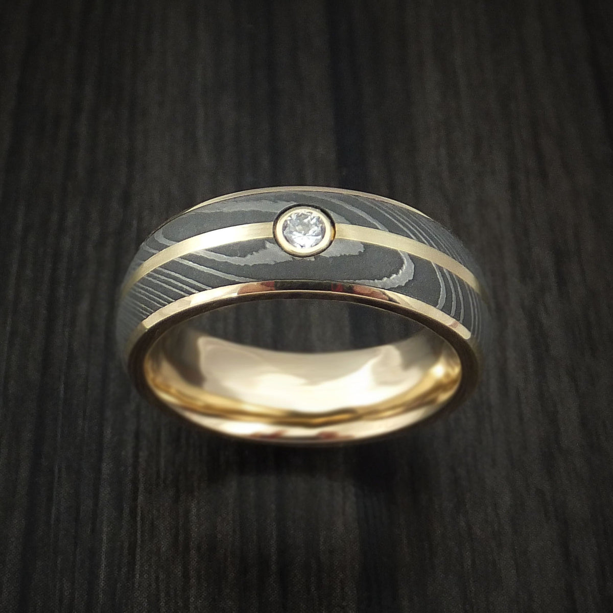 Kodiak X - 14K Yellow Gold Men's Wedding Ring with Damascus Steel and Diamond Band - view 2 - Nura Lab