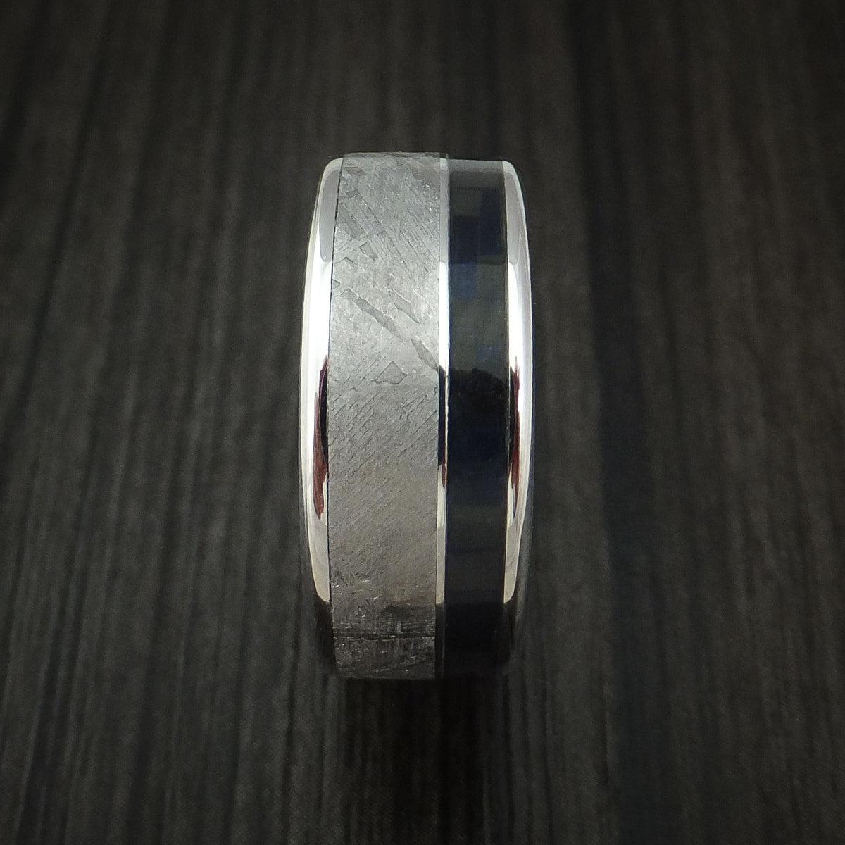 Nomad XV - Cobalt Chrome and Gibeon Meteorite Men's Wedding Ring with Carbon Fiber Band - view 3 - Nura Lab
