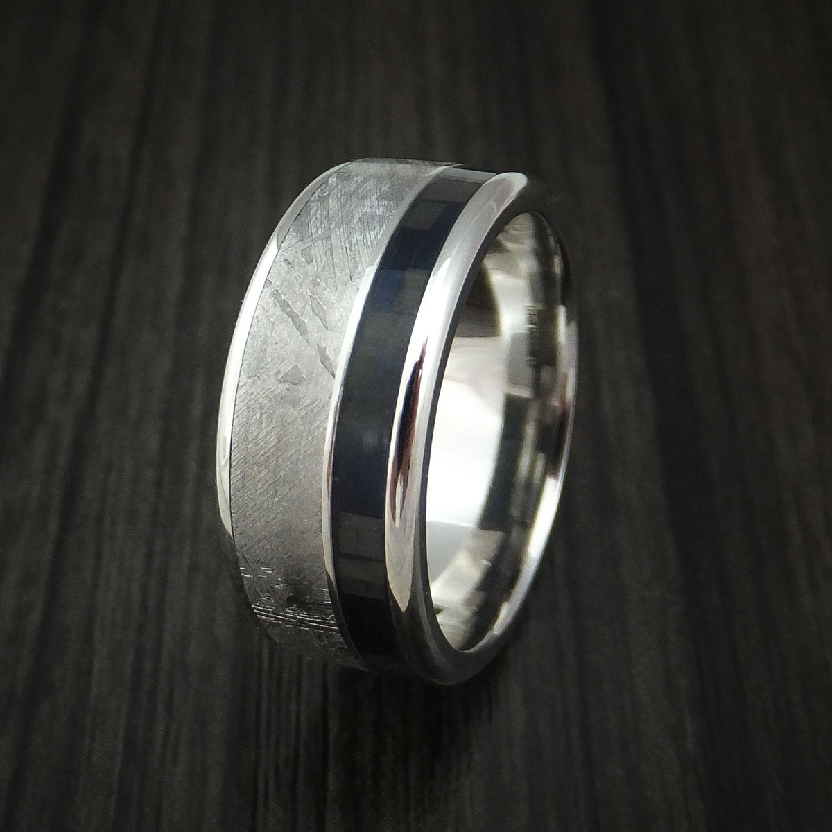 Nomad XV - Cobalt Chrome and Gibeon Meteorite Men's Wedding Ring with Carbon Fiber Band - view 4 - Nura Lab