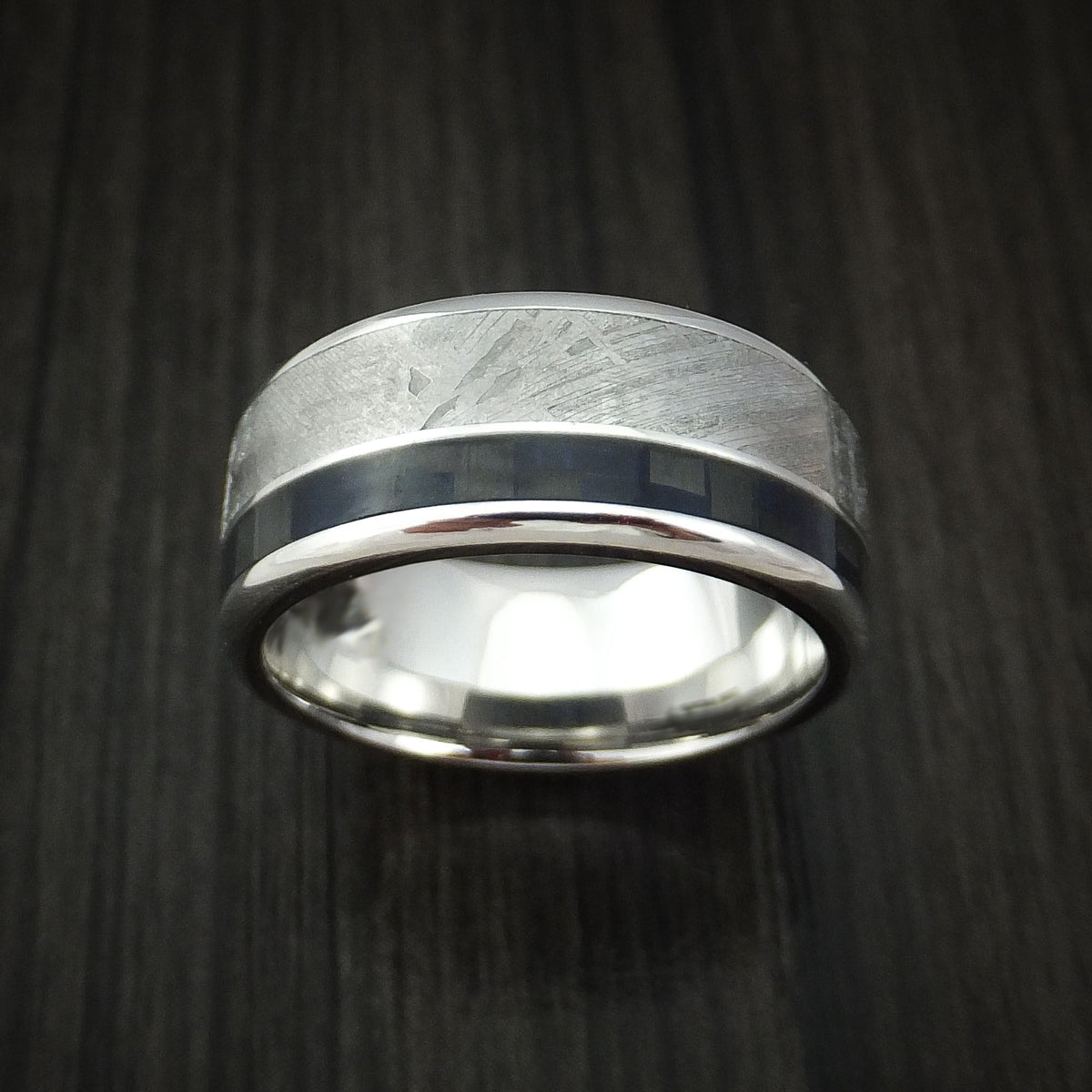 Nomad XV - Cobalt Chrome and Gibeon Meteorite Men's Wedding Ring with Carbon Fiber Band - view 2 - Nura Lab