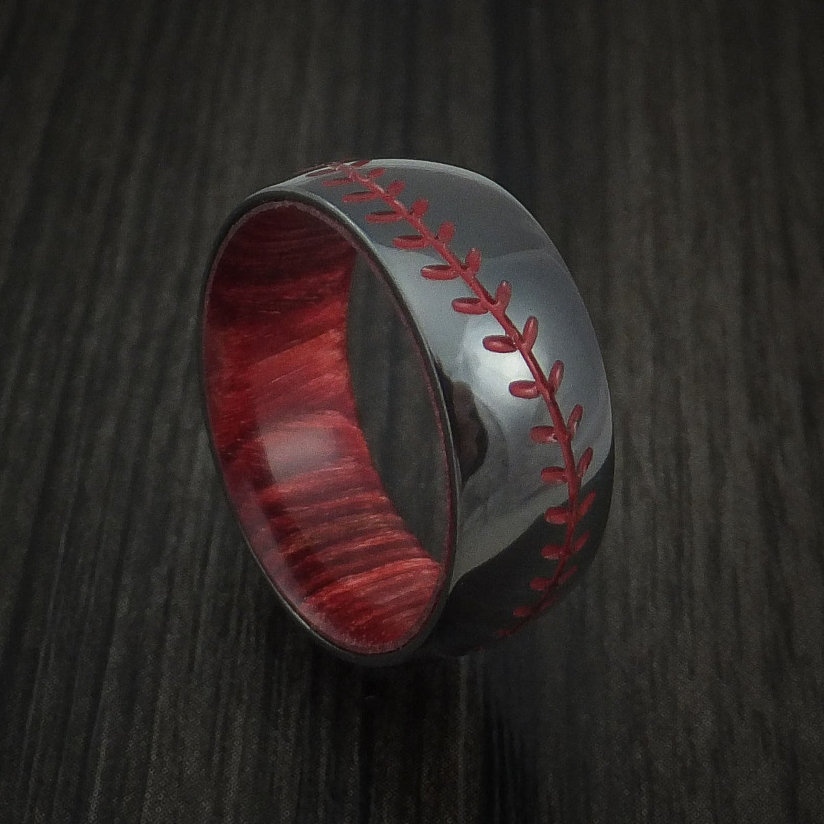 Dynasty XII - Black Zirconium Baseball Stitch Men's Wedding Ring with Custom Color and Hardwood Sleeve - Nura Lab