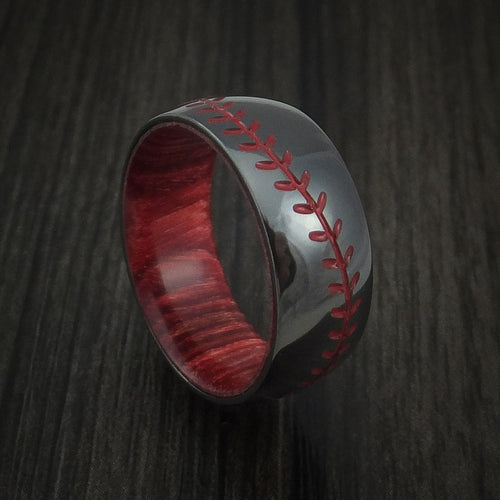 Dynasty XII - Black Zirconium Baseball Stitch Men's Wedding Ring with Custom Color and Hardwood Sleeve - Nura Lab
