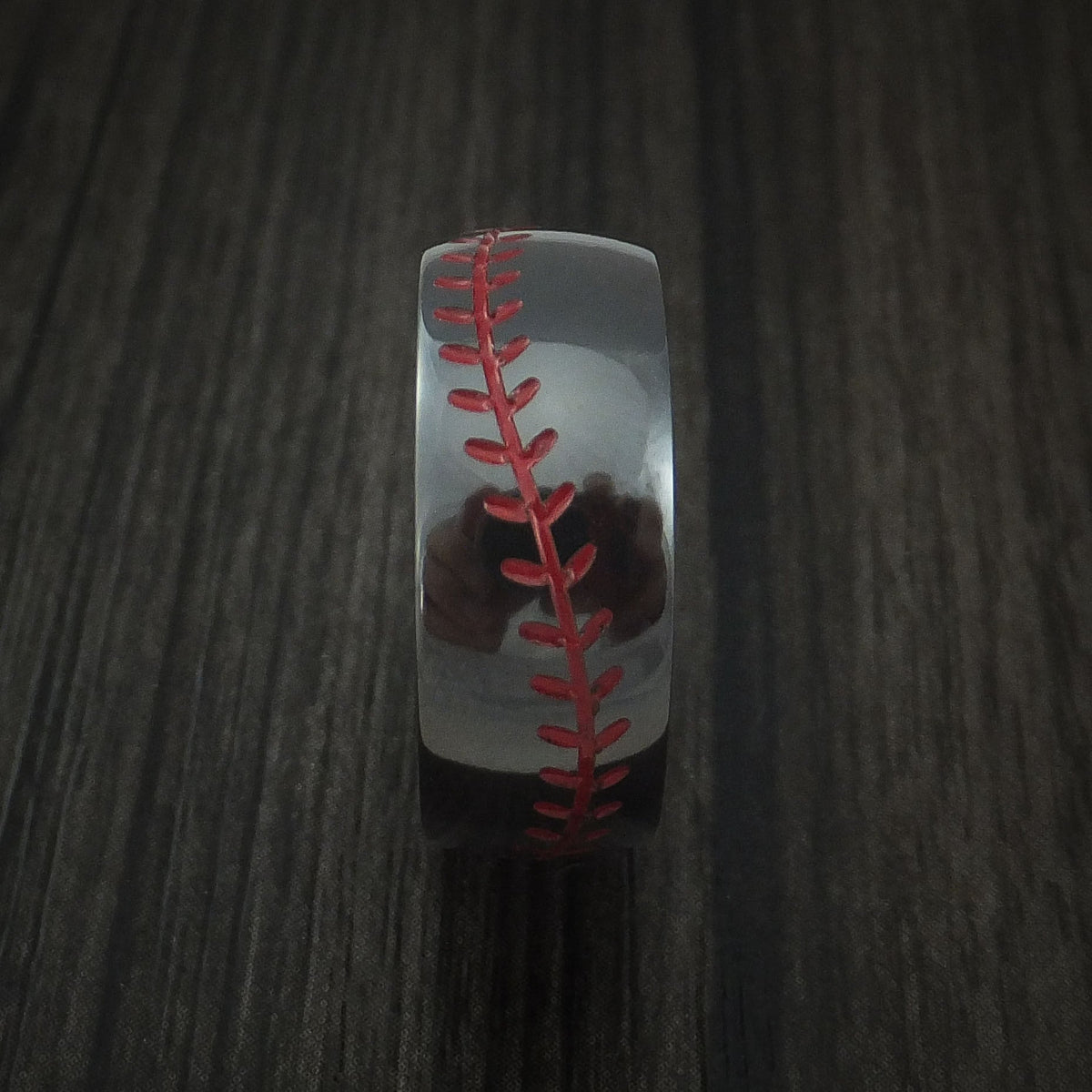 Dynasty XII - Black Zirconium Baseball Stitch Men's Wedding Ring with Custom Color and Hardwood Sleeve - view 3 - Nura Lab