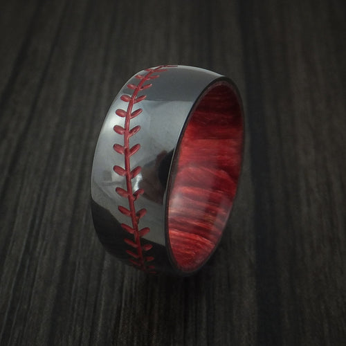 Dynasty XII - Black Zirconium Baseball Stitch Men's Wedding Ring with Custom Color and Hardwood Sleeve - view 4 - Nura Lab