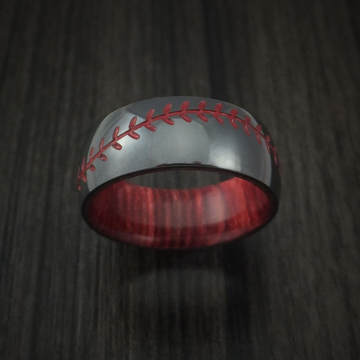 Dynasty XII - Black Zirconium Baseball Stitch Men's Wedding Ring with Custom Color and Hardwood Sleeve - view 2 - Nura Lab