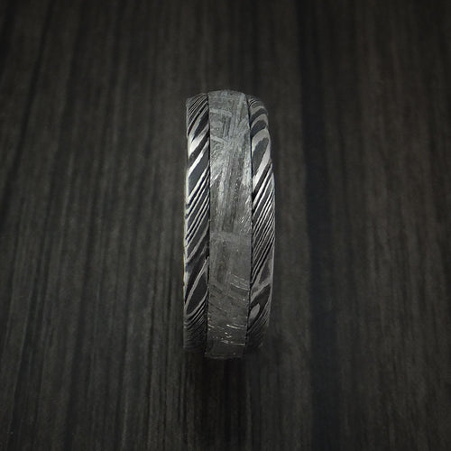 Sterling IX - Woodgrain Kuro Damascus Steel and Gibeon Meteorite Men's Wedding Ring Band - view 3 - Nura Lab
