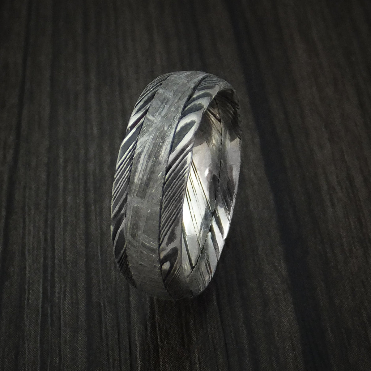 Sterling IX - Woodgrain Kuro Damascus Steel and Gibeon Meteorite Men's Wedding Ring Band - view 4 - Nura Lab