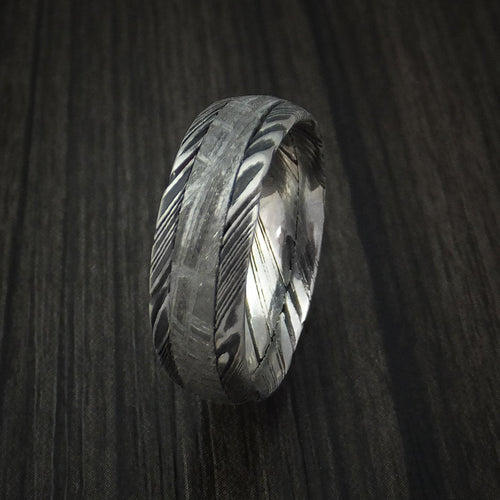 Sterling IX - Woodgrain Kuro Damascus Steel and Gibeon Meteorite Men's Wedding Ring Band - view 4 - Nura Lab